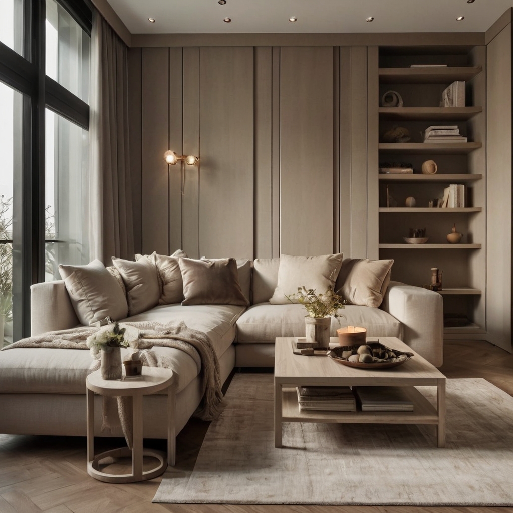 Cream and taupe tones whisper calm across the room. Neutral shades soften sightlines and stretch space visually.