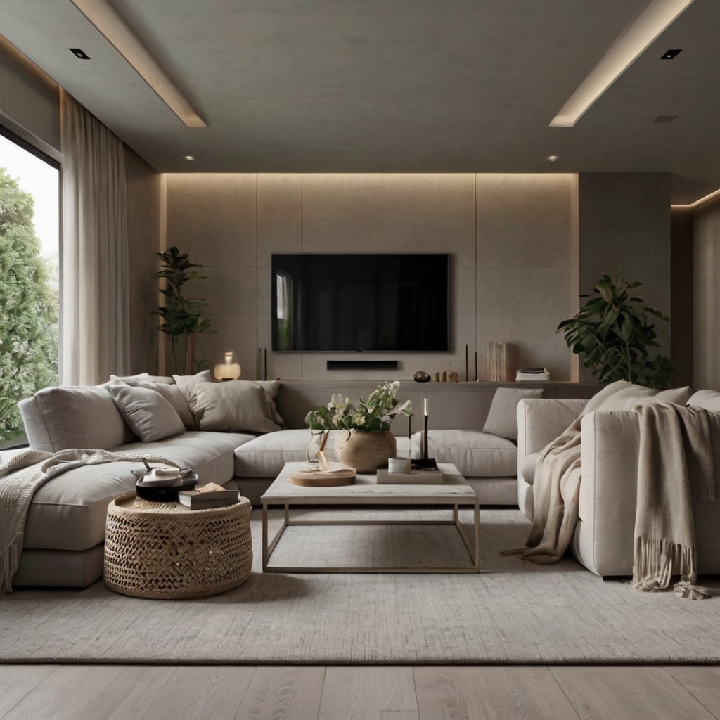 A minimalist living room in soft beige and gray tones with sleek furniture. Natural daylight and subtle ceiling lights create a serene, expansive space.