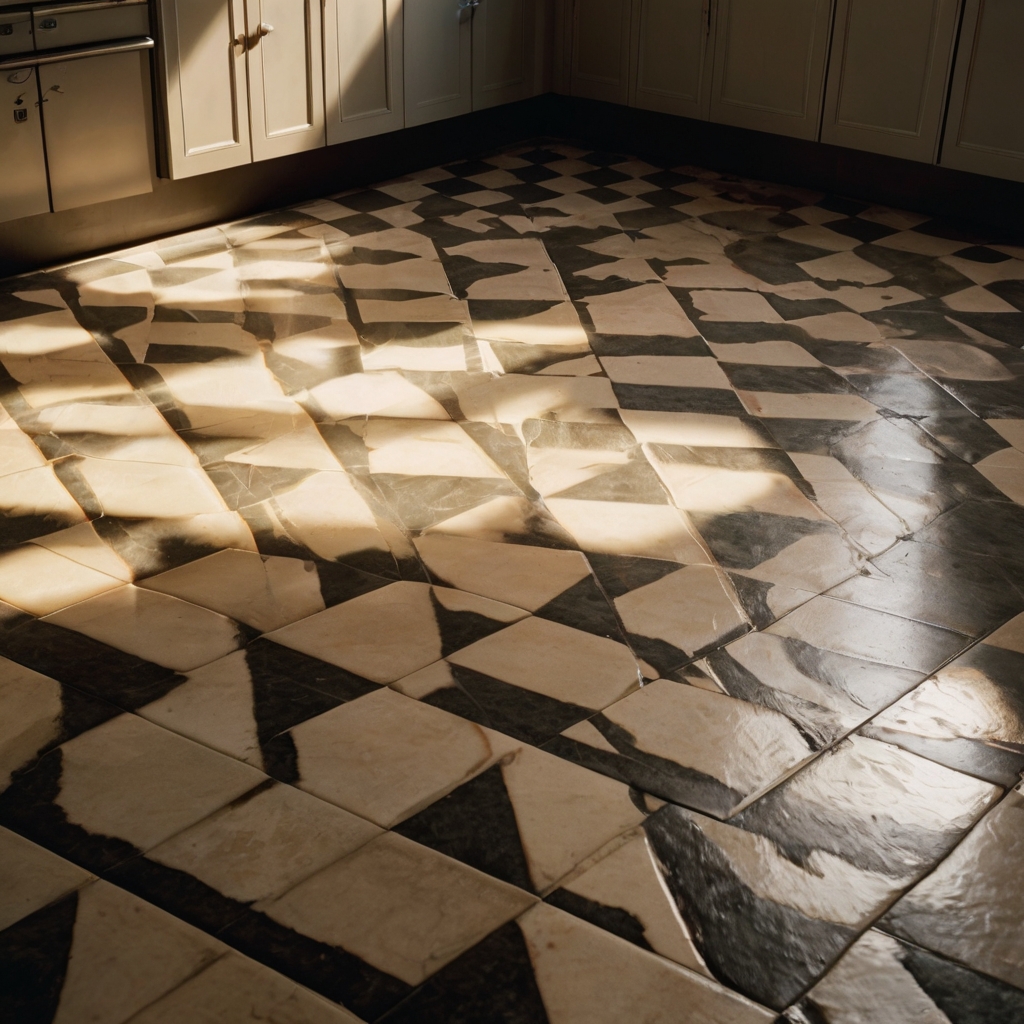 Checkered floor tiles in neutral tones create a timeless and balanced look in the kitchen. Warm sunlight casts gentle shadows across the tiles, adding depth and texture.