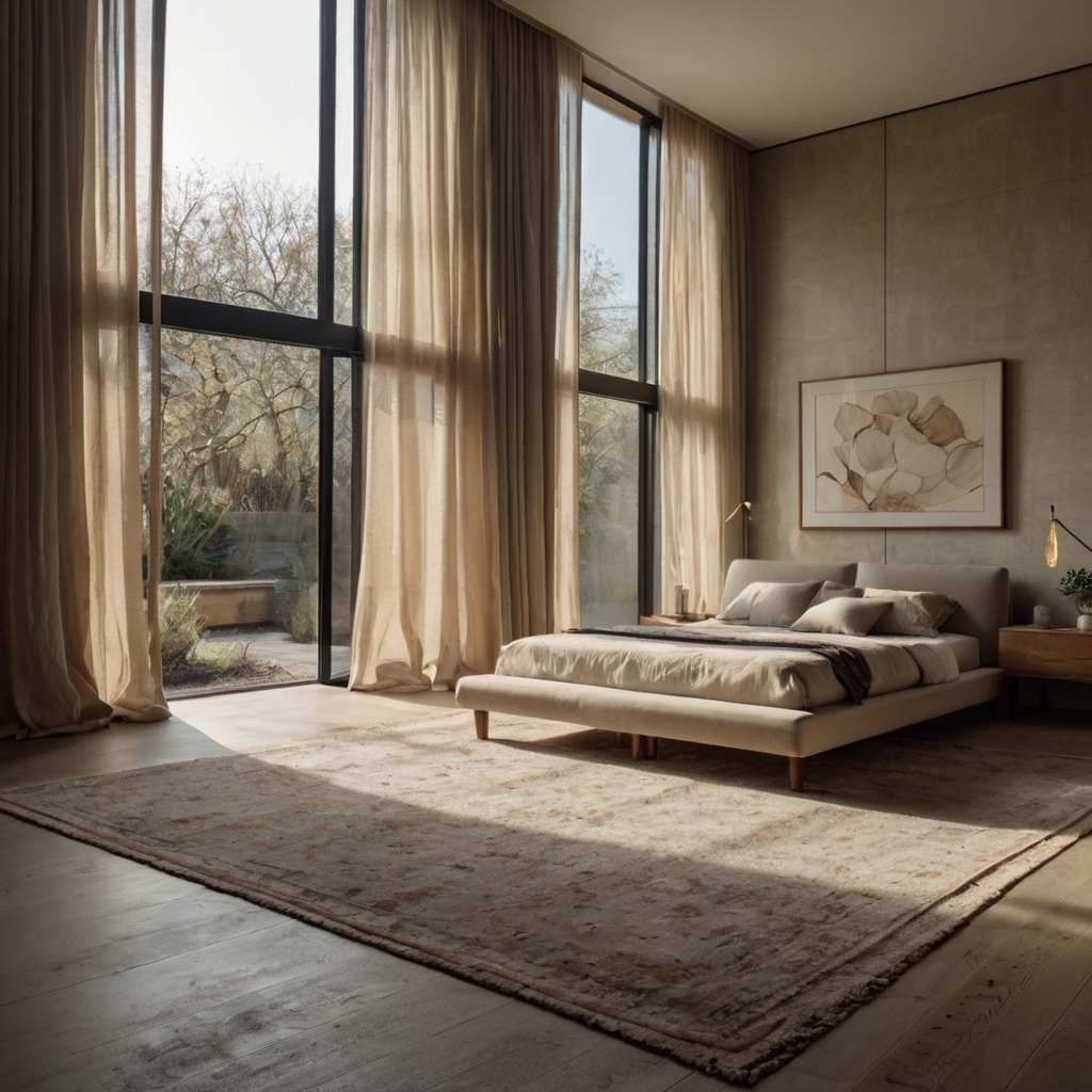 Sunlight floods through massive windows onto soft beige walls. Light and shadow dance across serene, neutral-toned spaces.