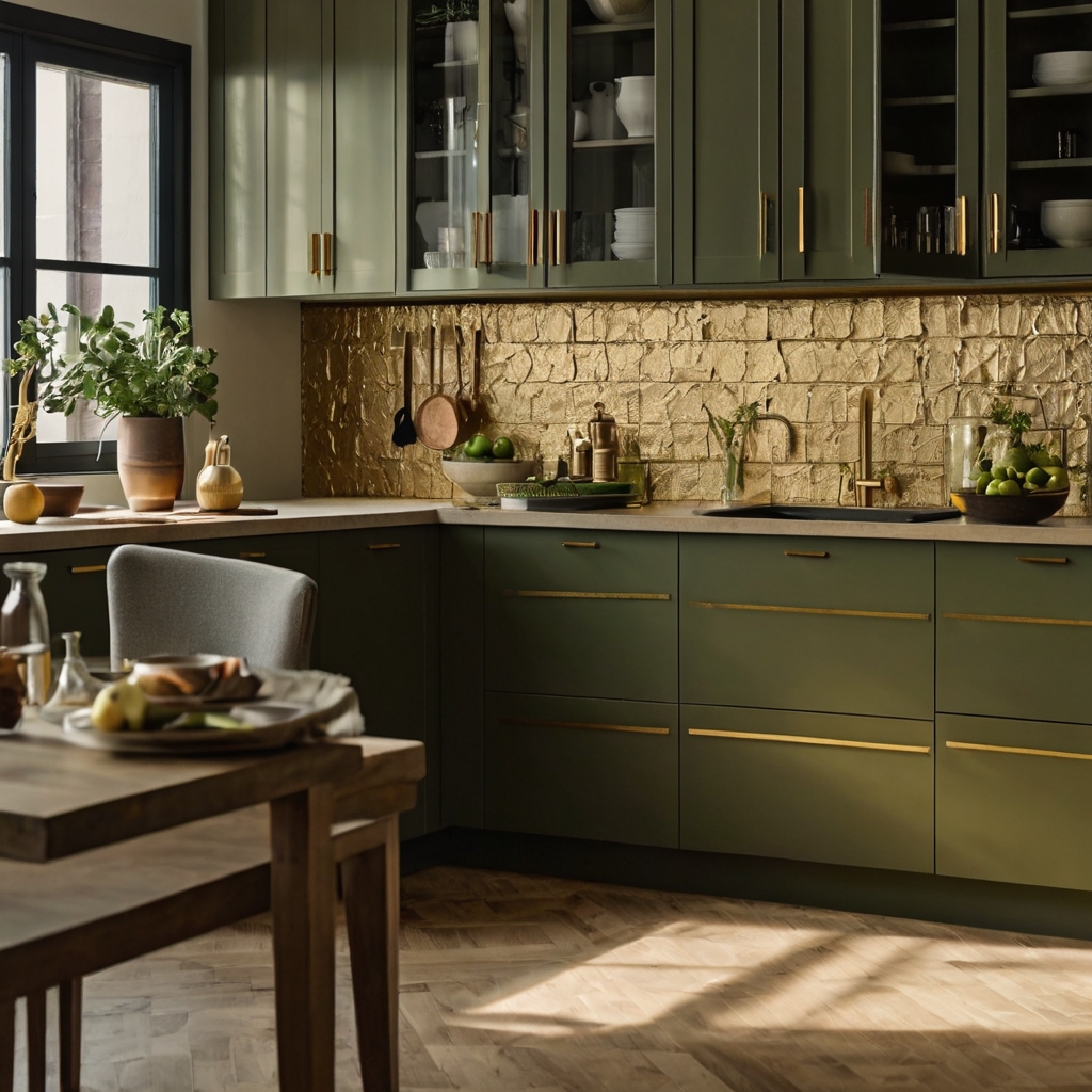 Muted olive green cabinetry with gold hardware bathed in morning light. Rich elegance meets nature-inspired calmness.