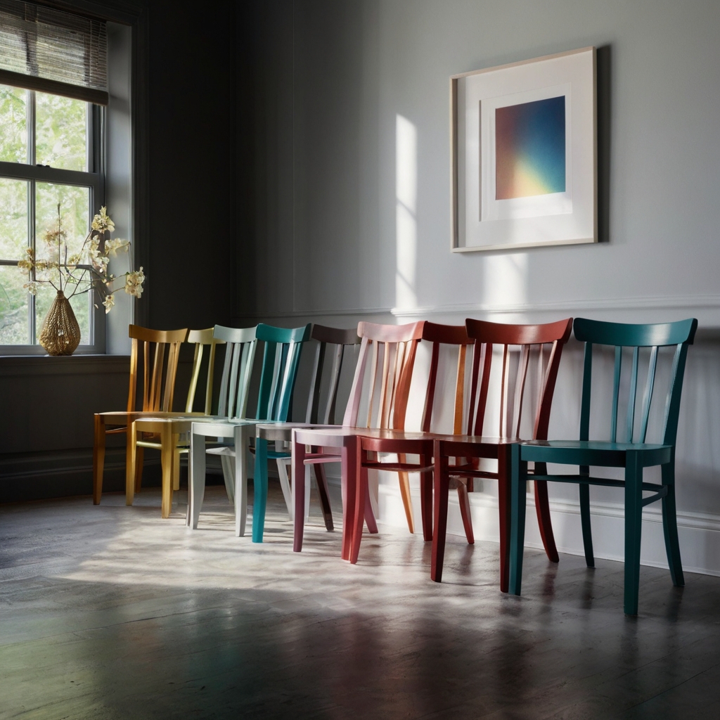Painted chairs with ombre effects transition from dark to light hues, creating a dynamic look. Dramatic lighting emphasizes the smooth color gradients in a modern space.