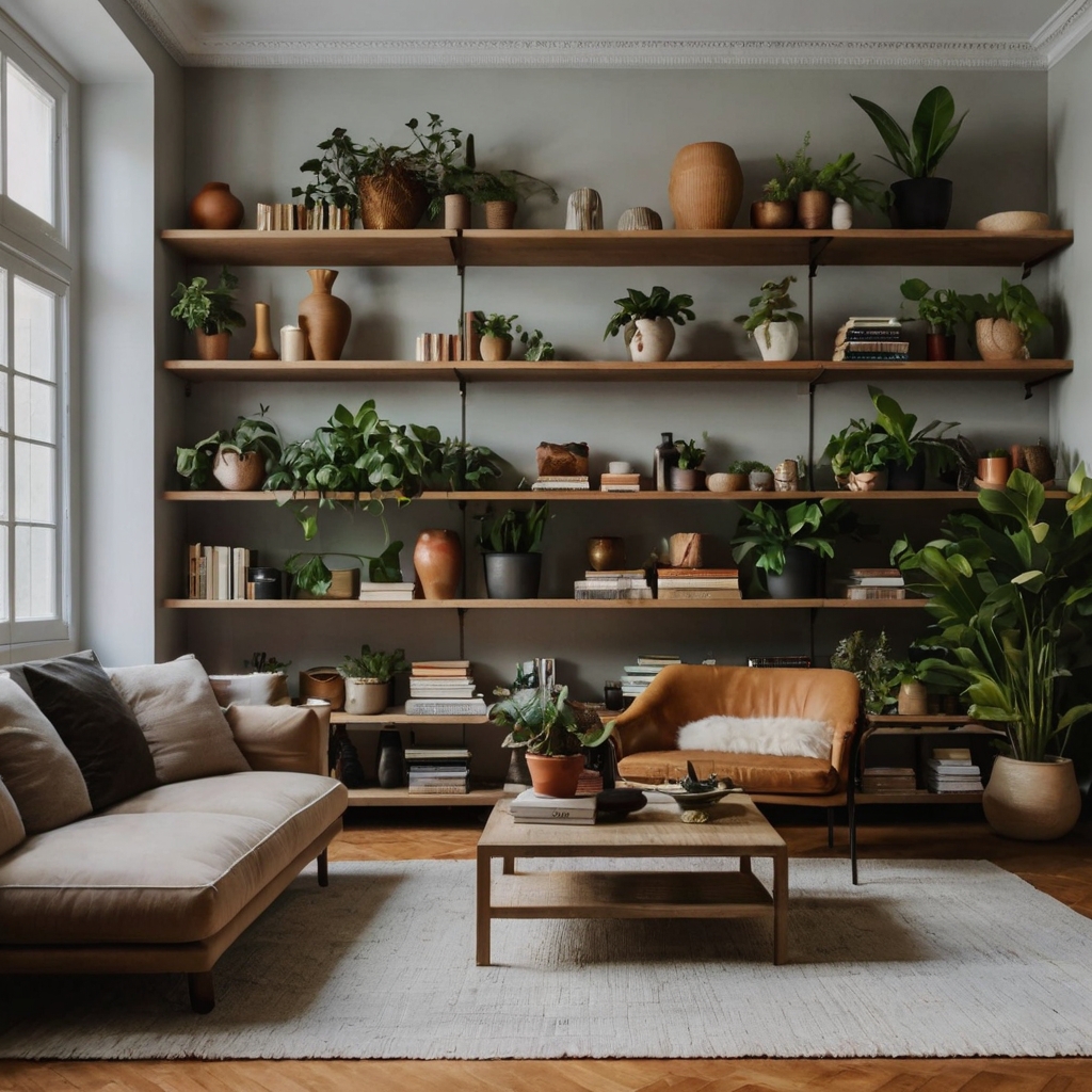 Living room with minimalist open shelving styled with books and plants. Warm lighting emphasizes the open, stylish feel.