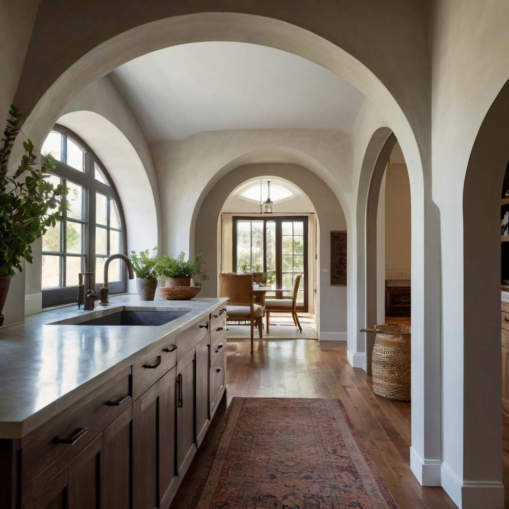 Open archways connect the kitchen to the living space, creating a sense of flow. Soft light highlights the curves of the arch, adding warmth and openness to the design.