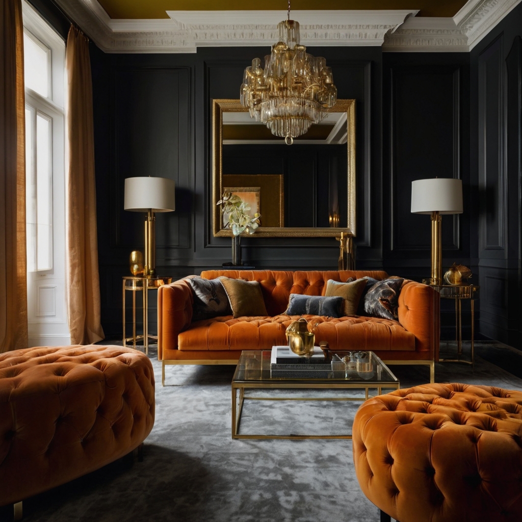 Velvet orange sofa glows beneath moody lighting in a luxurious setting. Brass accents, gold frames, and deep colors create visual opulence.
