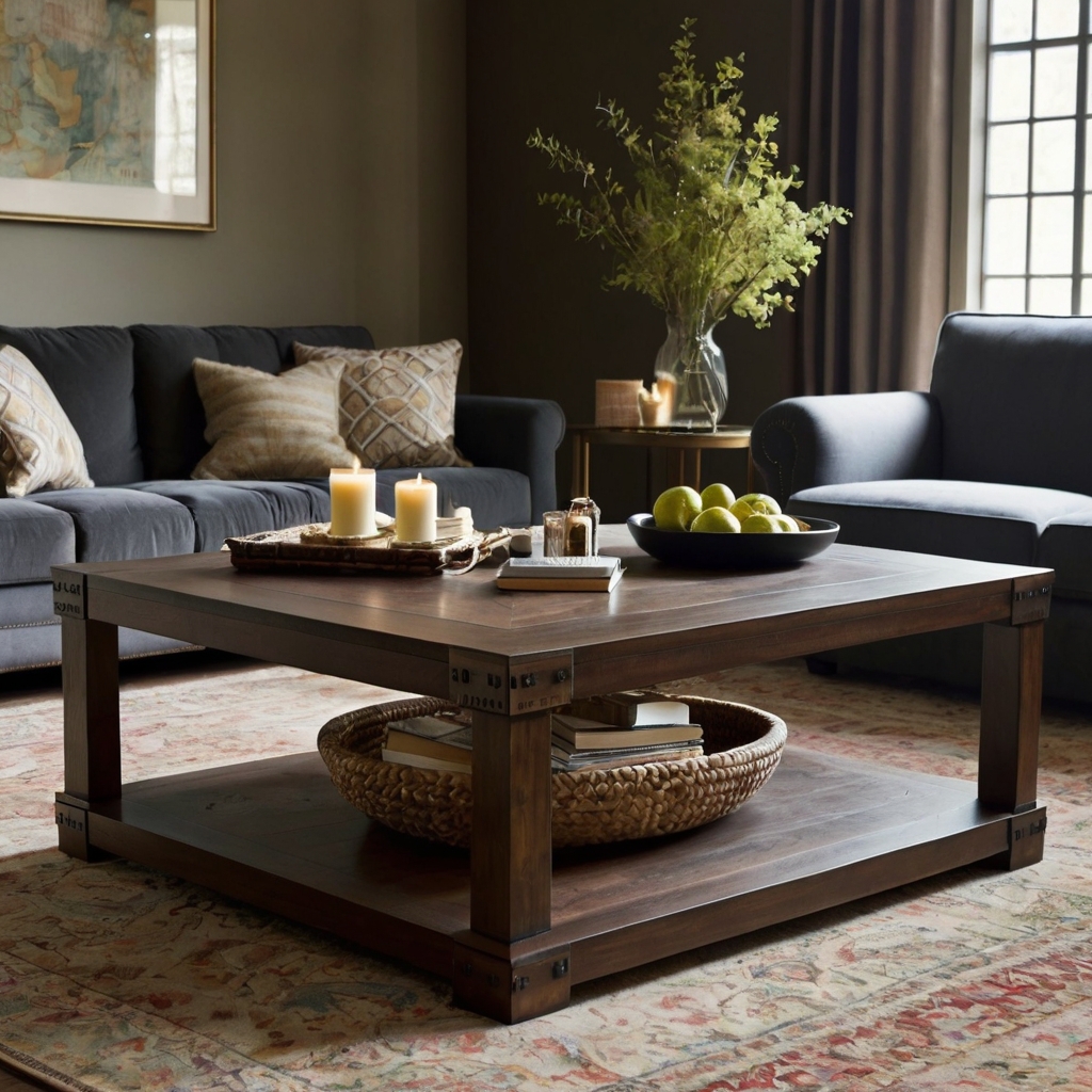 Multi-functional ottoman coffee table serving as both seating and table space. Plush textures and cozy setup enhance practical and stylish living rooms.
