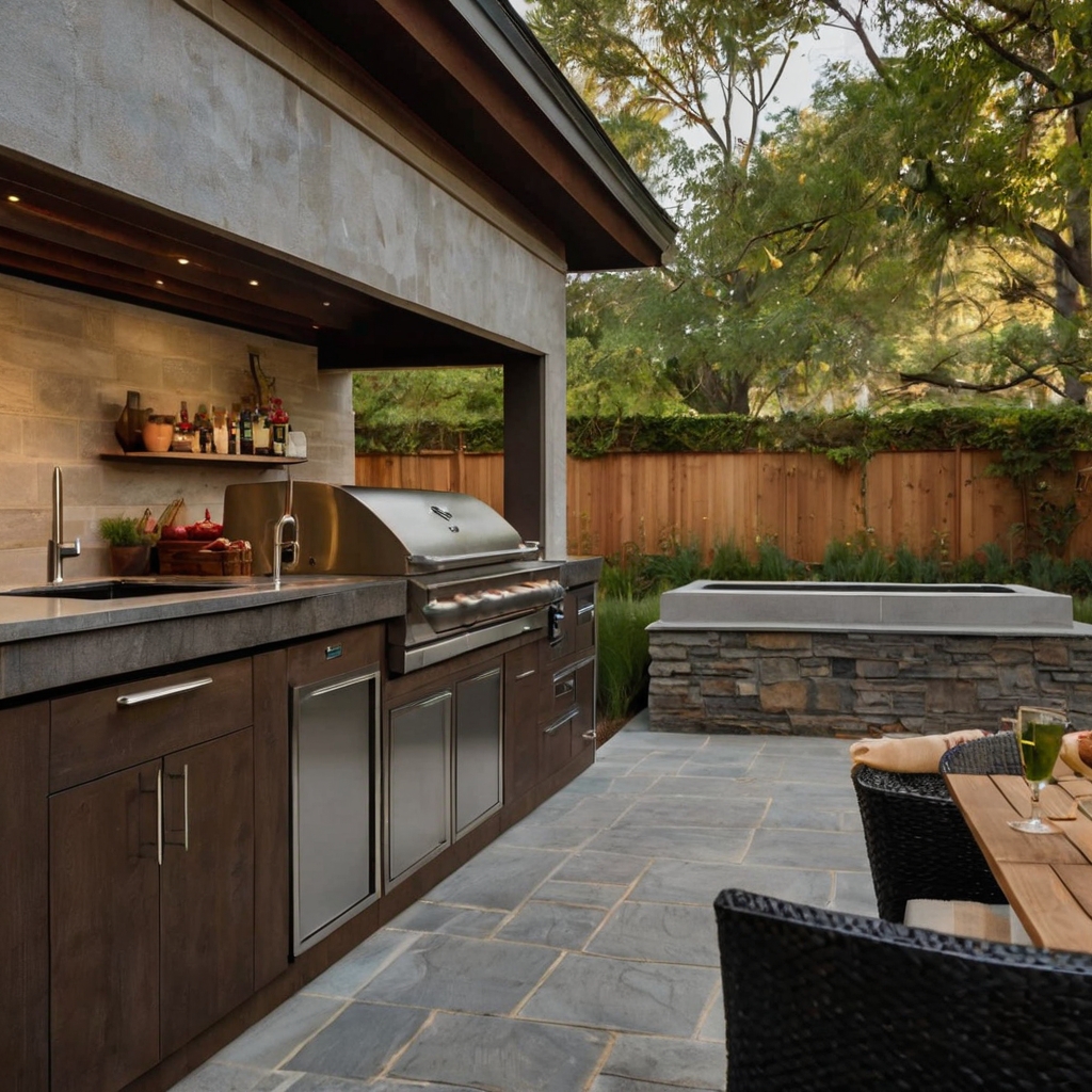 A well-equipped BBQ kitchen with heavy-duty grills and spacious counters. Deep storage drawers keep tools organized.
