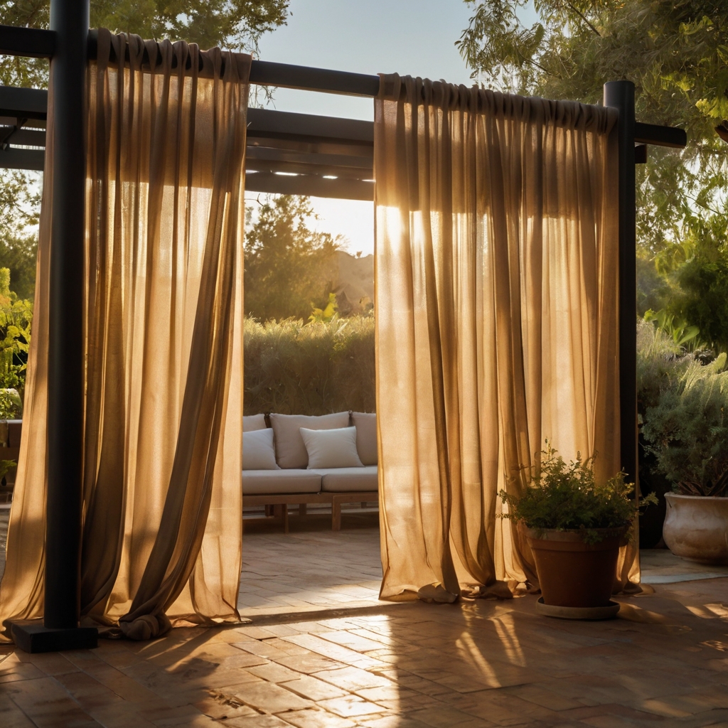 A mobile privacy screen with artistic fabric casts elongated shadows at golden hour. Visible wheels highlight its moveable, outdoor-friendly design.