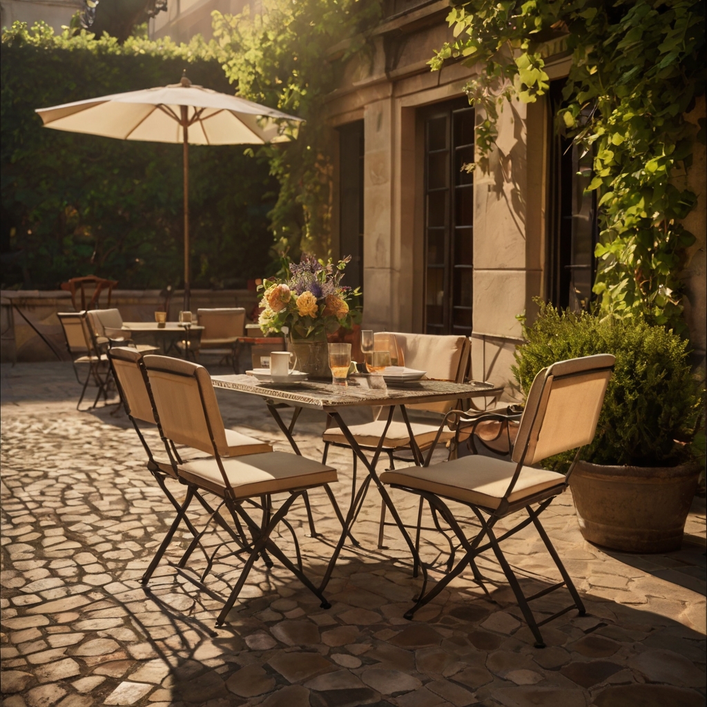 Flowing outdoor curtains sway gently in a glowing sunset, forming a cinematic privacy wall. Silhouettes flicker behind while garden lights softly twinkle.