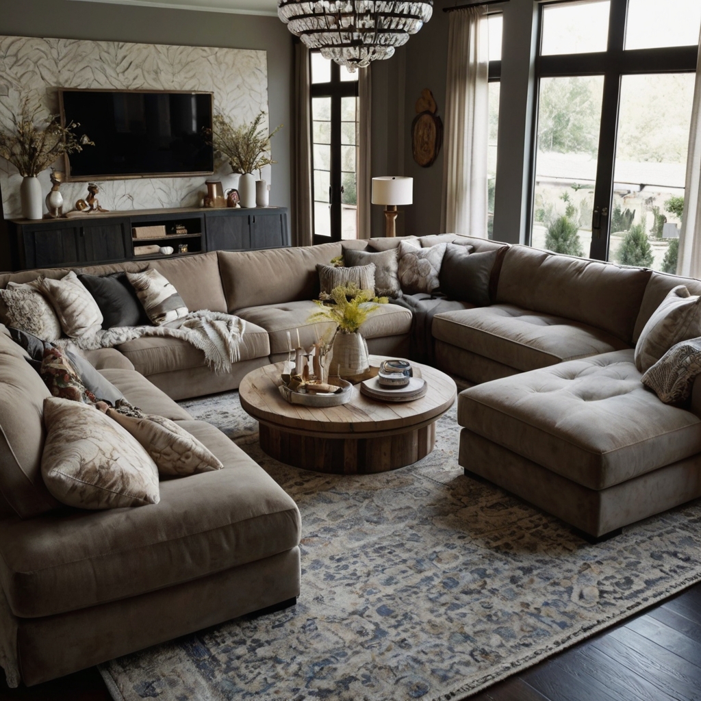 Massive sectional sofa filling a cozy living room with warmth and laughter. Family-friendly design perfect for sprawling gatherings and lazy weekends.