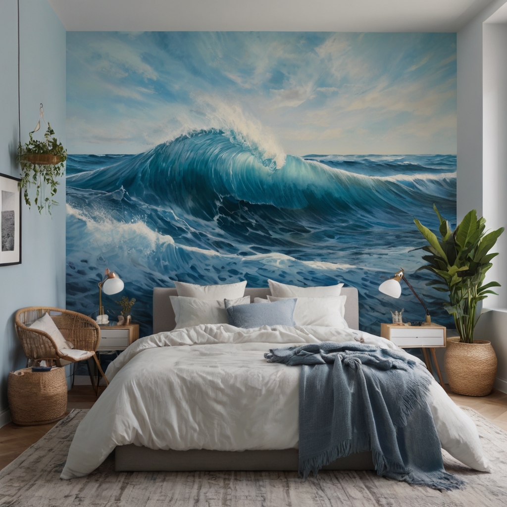 DIY ocean wave mural painted in layered blue tones. Coastal vibe perfect for bedrooms or studios.