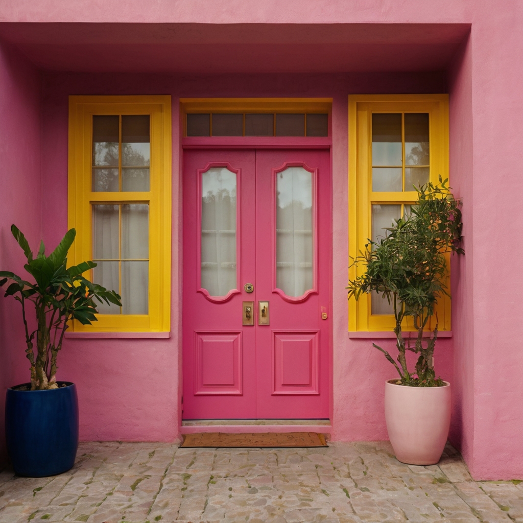 Bold pink doors framed by thick yellow borders create an energetic, welcoming contrast. The vibrant colors infuse the entryway with fun and warmth, inviting visitors inside.