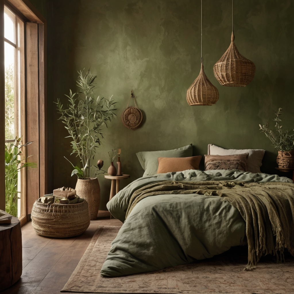 Muted sage green walls backdrop a simple earthy boho bedroom with wood accents. The calming, dusty color adds peace and understated elegance.
