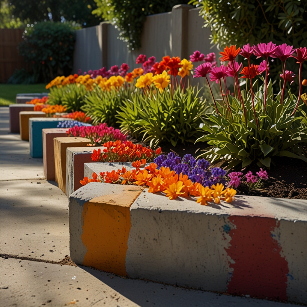Colorful painted blocks edge a flower bed beside a path. Daylight softens spray-paint texture while petals add visual contrast.