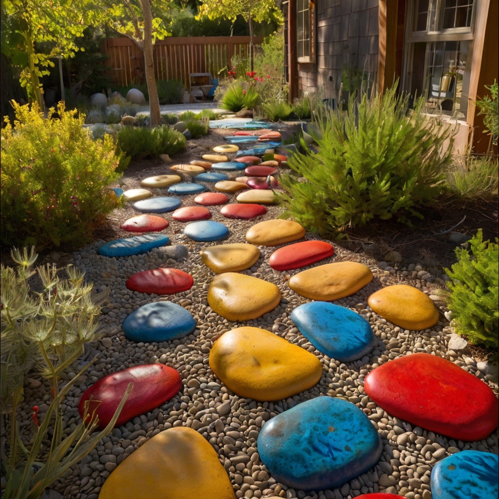Hand-painted rocks in bright hues form whimsical garden walkways. Red and blue pebbles pop beneath rosemary and scattered petals.