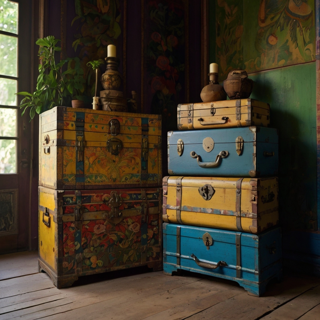 Colorfully painted wooden chest brightening a playful creative living room. Artistic storage piece hiding treasures behind bold, cheerful designs.