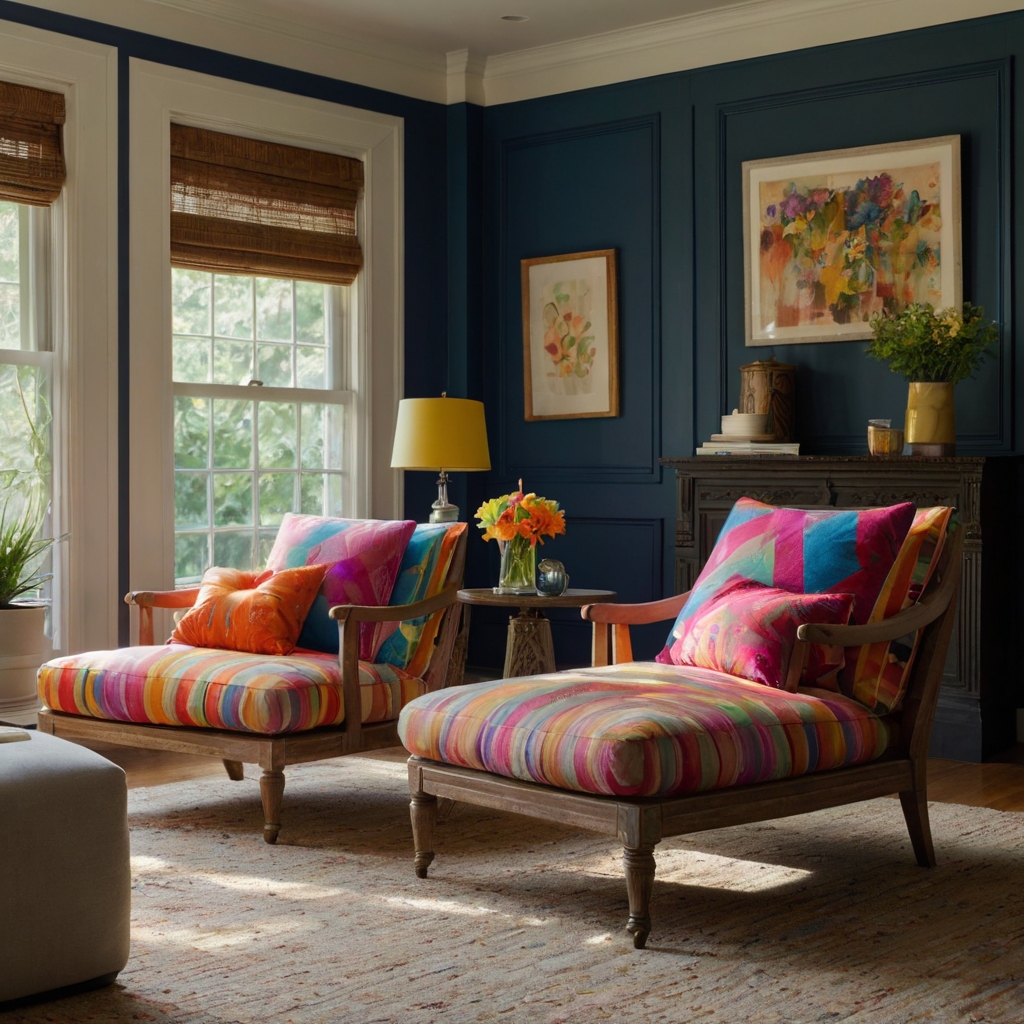 Painted chairs paired with bright, colorful cushions add comfort and vibrancy to a cozy living room. Soft ambient lighting creates a warm, inviting atmosphere with lively decor.
