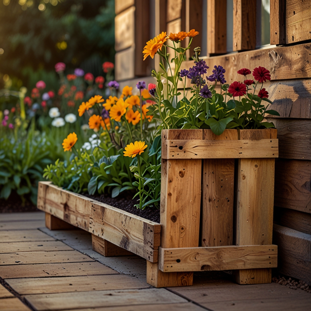 Rustic pallet flower bed holds seasonal blooms in staggered slats. Evening light casts warmth on weathered wood and floral color.