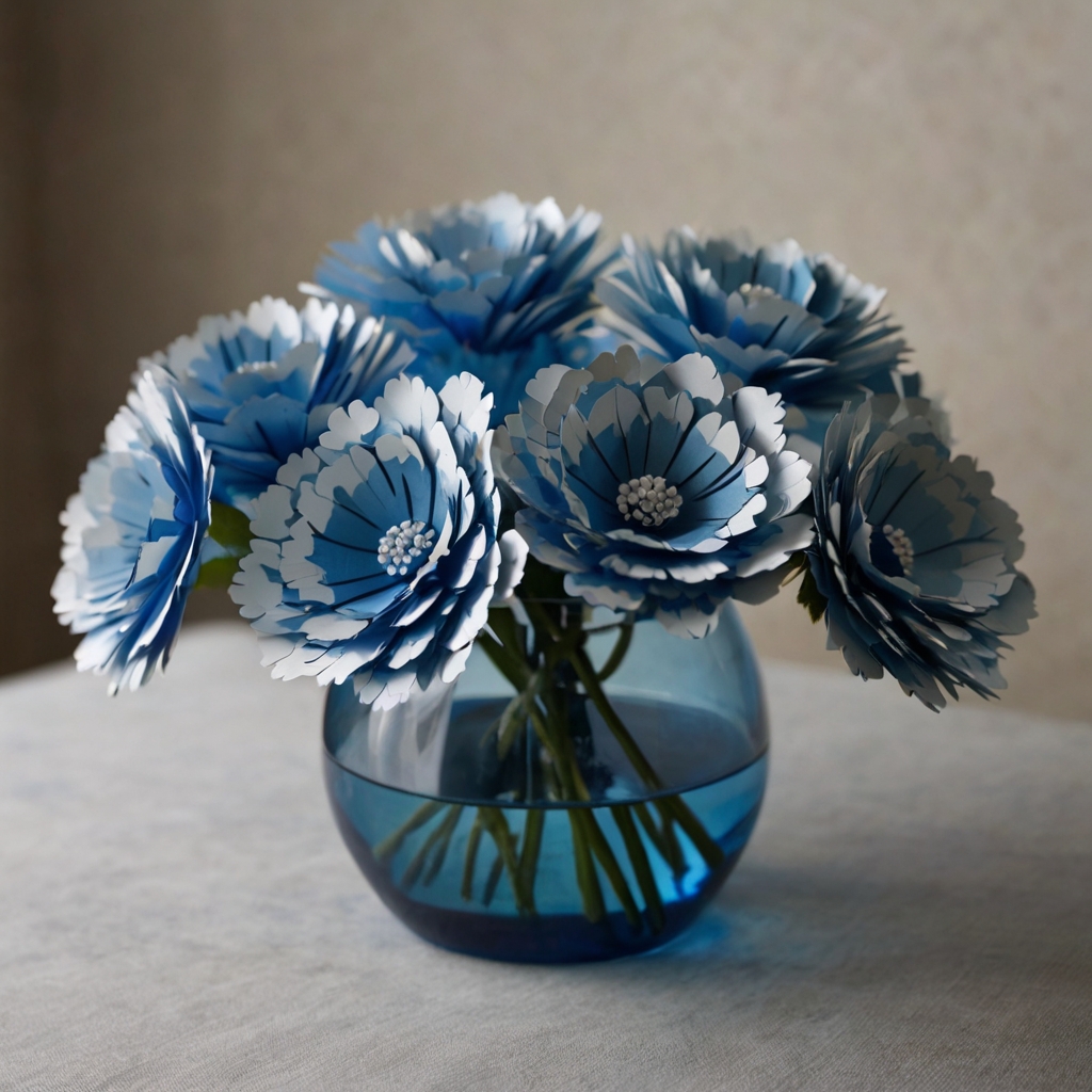 Paper blue flowers mimic real blooms with folded grace, arranged in whimsical, budget-conscious displays. Soft light emphasizes the delicate creases and cost-effective beauty.