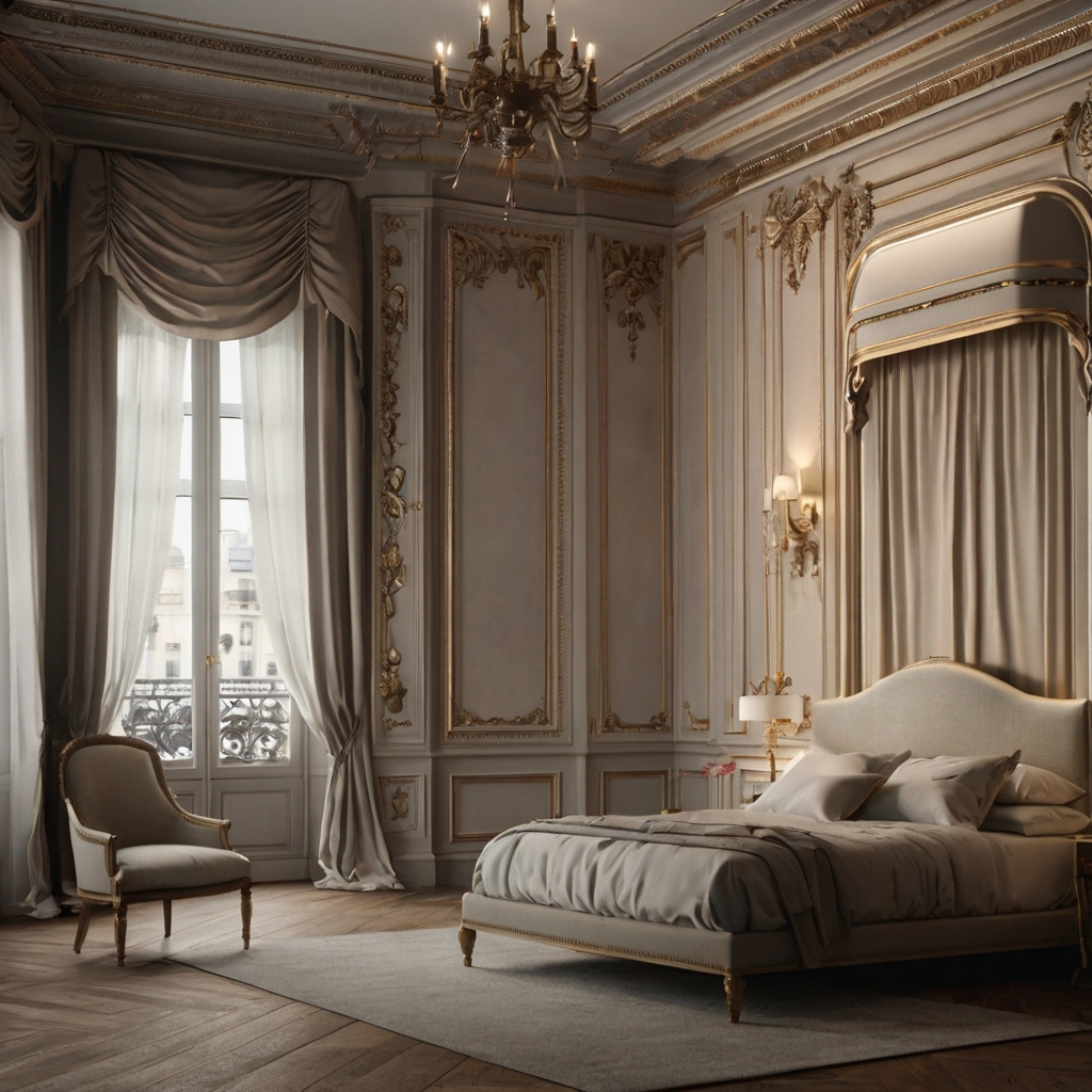 Elegant drapes frame glass sliding doors opening to a balcony. Fills the room with golden natural light and airy luxury.