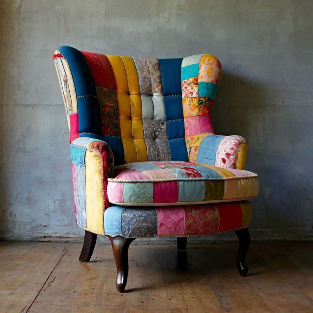 Colorful patchwork accent chair glowing in a bright boho-inspired corner. Hand-stitched designs and vibrant fabric pieces create an artsy vibe.