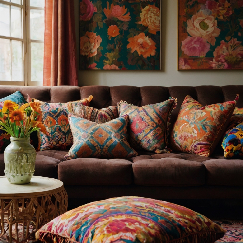 Colorful patterned cushions pop on chocolate couch in cozy space. Maximalist flair with boho charm and vibrant style.