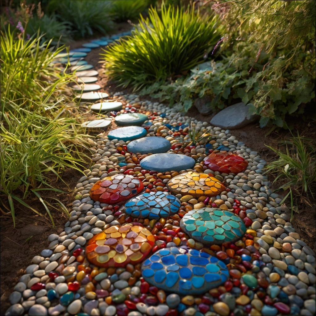 Mosaic stones create stepping paths across grassy garden areas. Tile bits form stars and swirls embedded in circular stones.