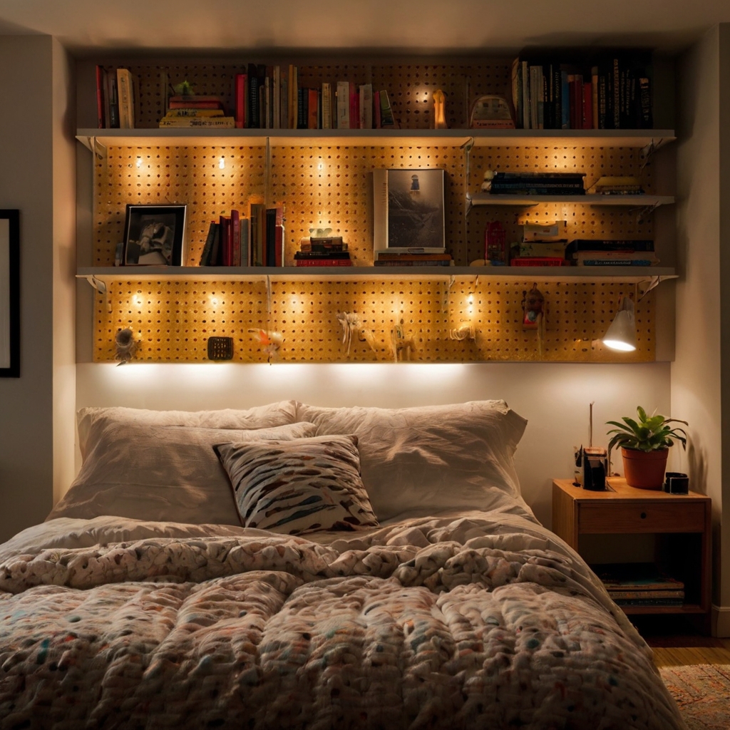 A pegboard wall with adjustable pegs supports books in playful layout. Natural and warm lights reveal texture and variety.