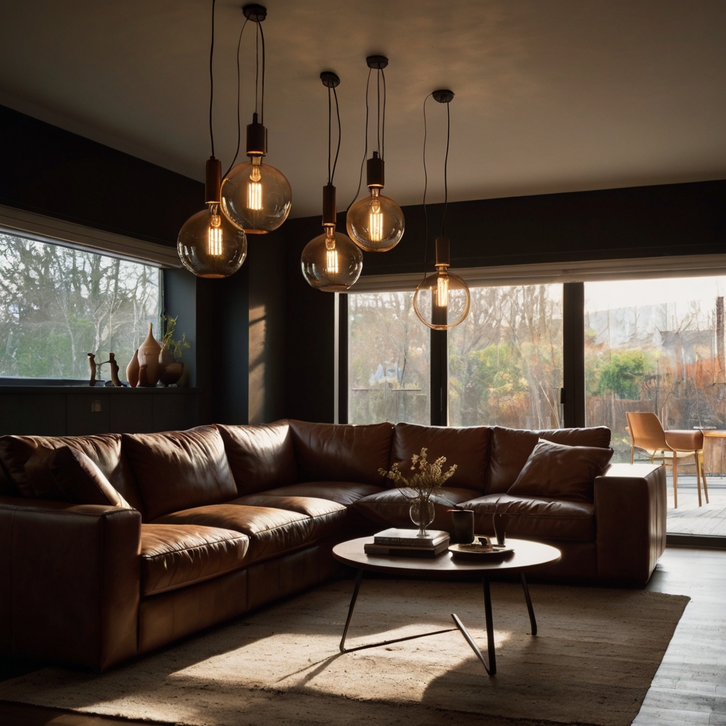 Pendant lights hang low above a brown sofa in moody lighting. Warm reflections highlight modern industrial style.