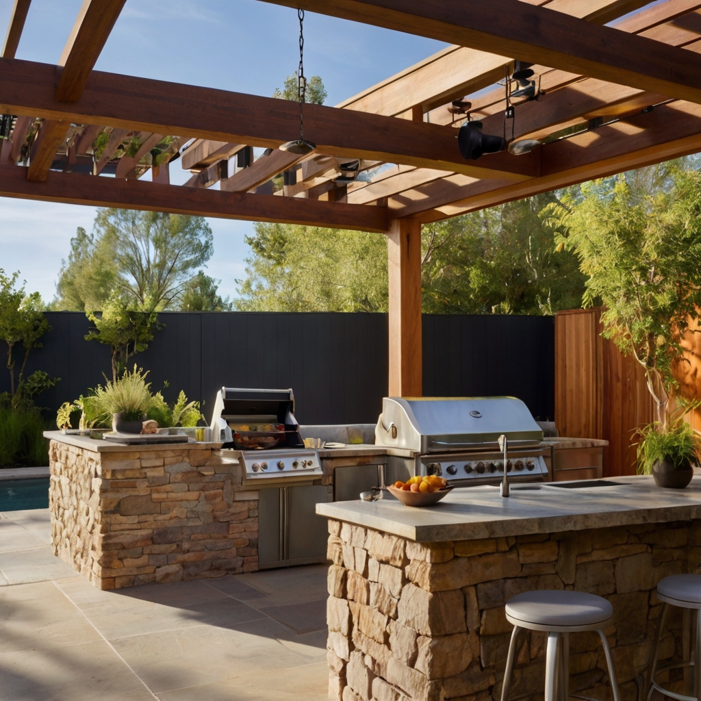 A social BBQ space with wrap-around seating and Bluetooth speakers. Built-in ice bins keep drinks chilled.