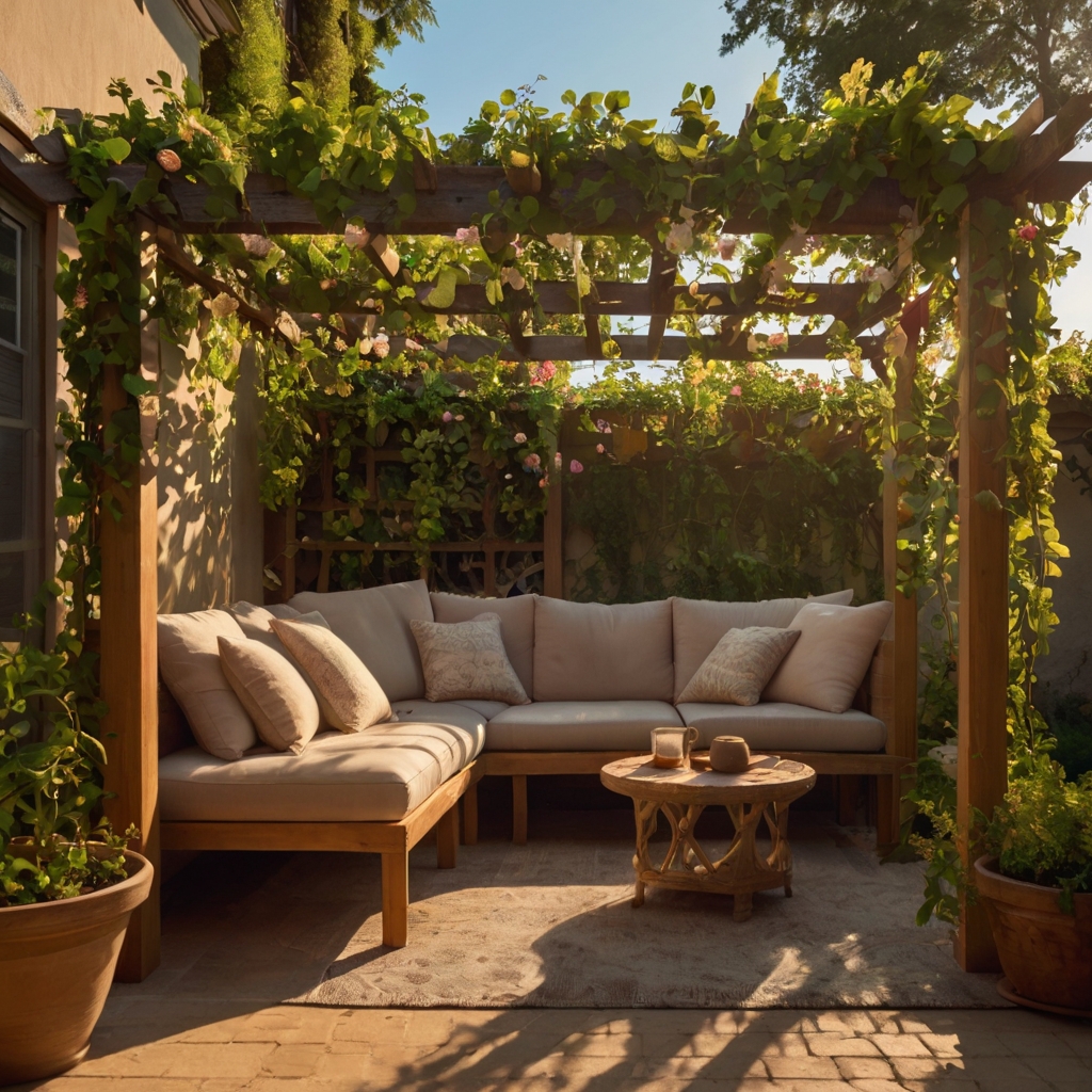 Flowering vines cascade from a wooden pergola, forming a canopy-style privacy wall. Afternoon light filters through blooms onto a shaded dining space.