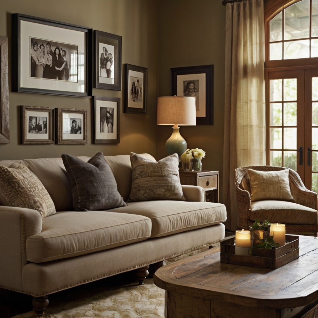 Living room filled with family photos, custom artwork, and unique decor. Warm lighting brings out the cozy, personalized vibe.