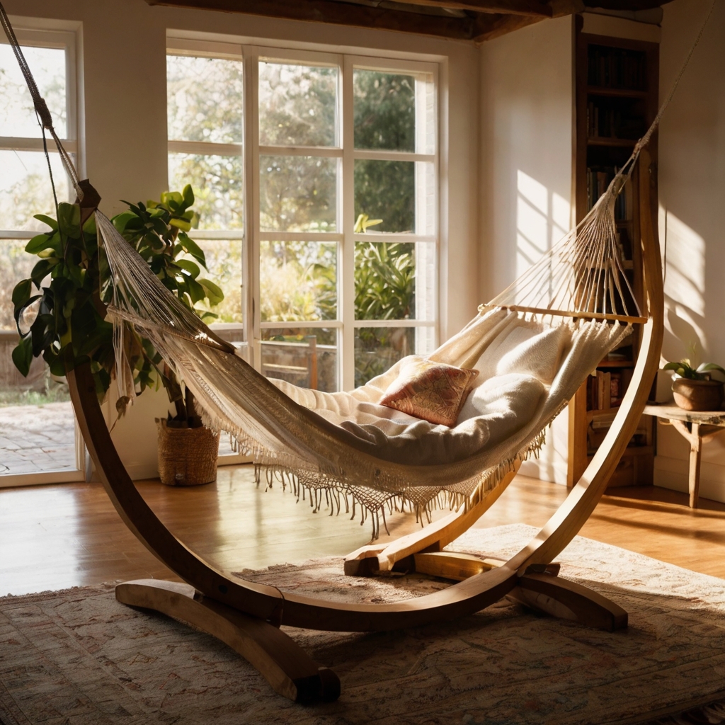 Cotton hammock swings gently near a window. Creates a relaxed indoor summer escape.
