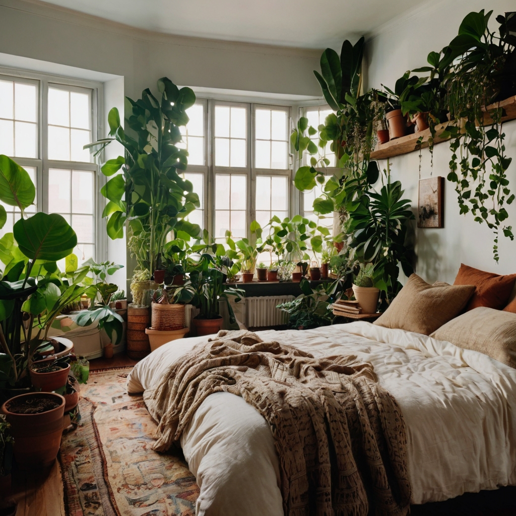 Vibrant green fiddle leaf figs and trailing vines cluster around a simple earthy boho bed. Plants breathe life and natural freshness into the corner.