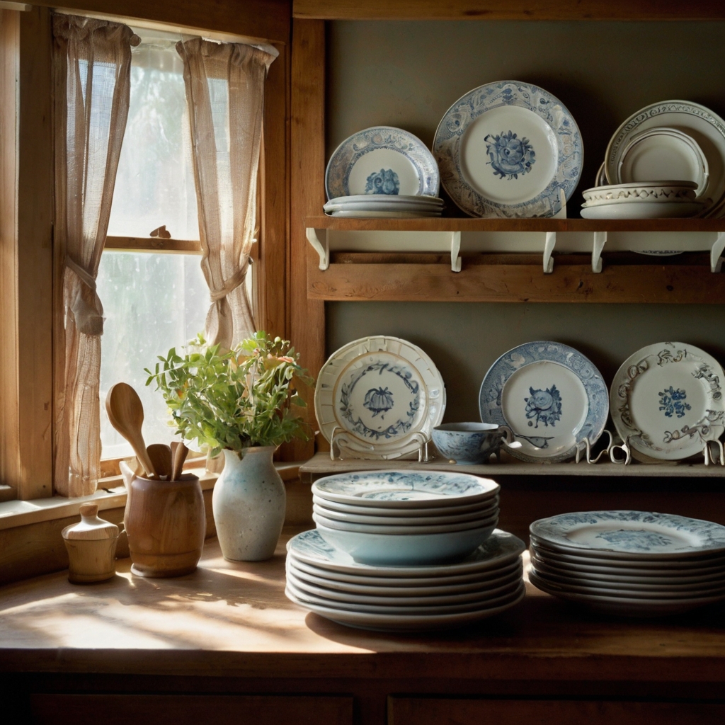 Open plate rack displays vintage ceramic plates, adding charm and personality to the kitchen. Soft sunlight highlights the textures and subtle patterns on the plates.
