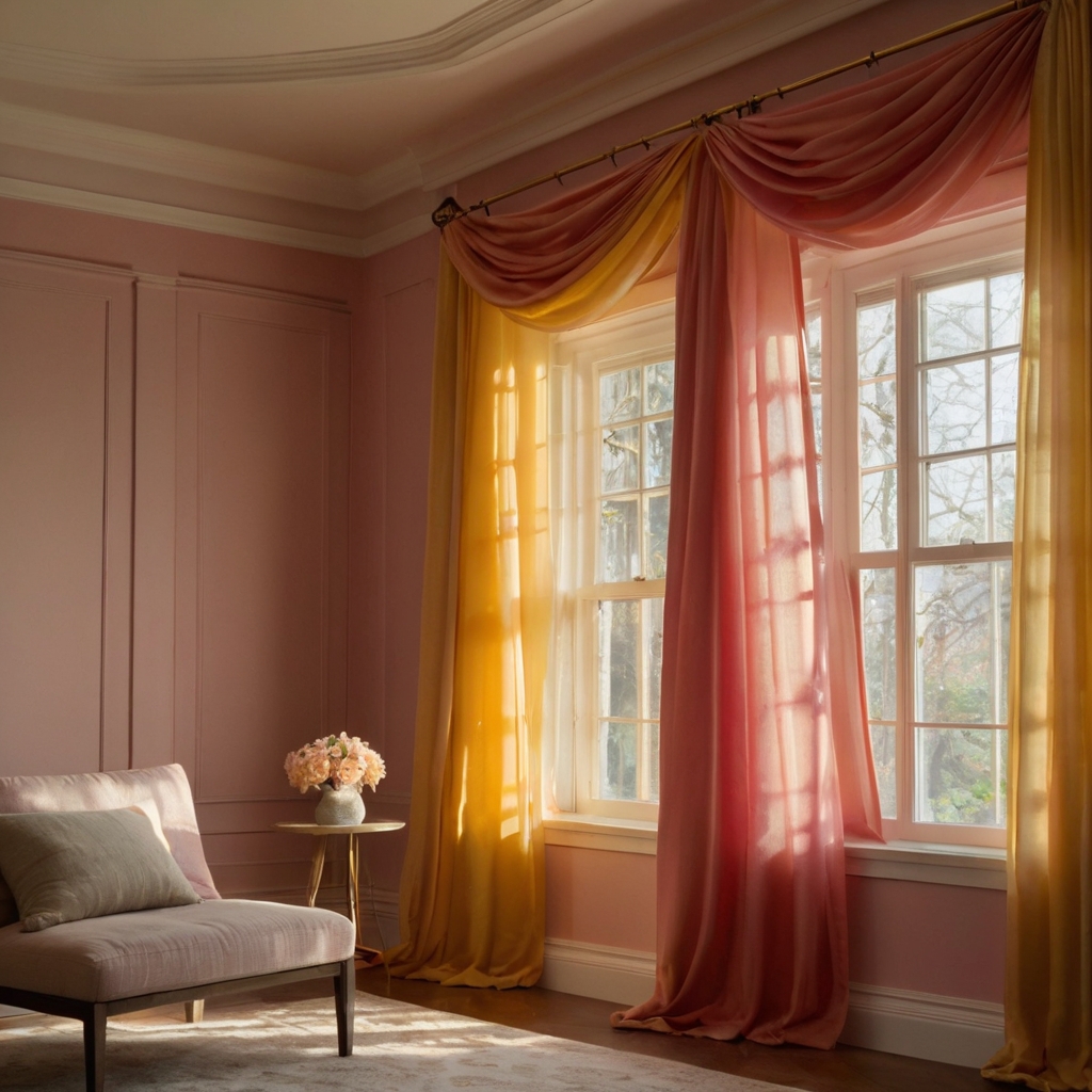 Ombre drapes in rose pink fading to golden yellow mimic a sunset, creating depth and warmth in the room. Gentle lighting highlights the soft gradient, adding serenity.