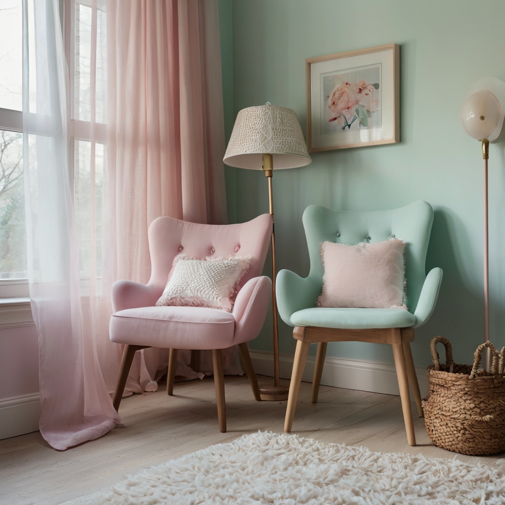 Pastel-painted chairs in pink, mint, and baby blue create a cheerful vibe in a bright, airy bedroom. The soft light filters through sheer curtains, enhancing the playful atmosphere.