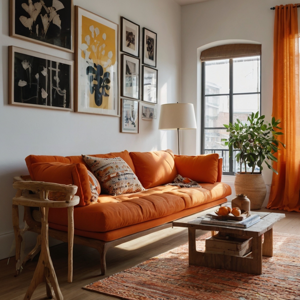 Tangerine couch catches natural side light in a breezy, minimalist living space. Floor pillows, textured rugs, and bright accents radiate casual charm.