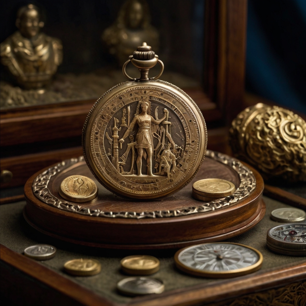 A display case with rare trinkets like ancient coins, illuminated by soft light. The details of each piece are highlighted with care.