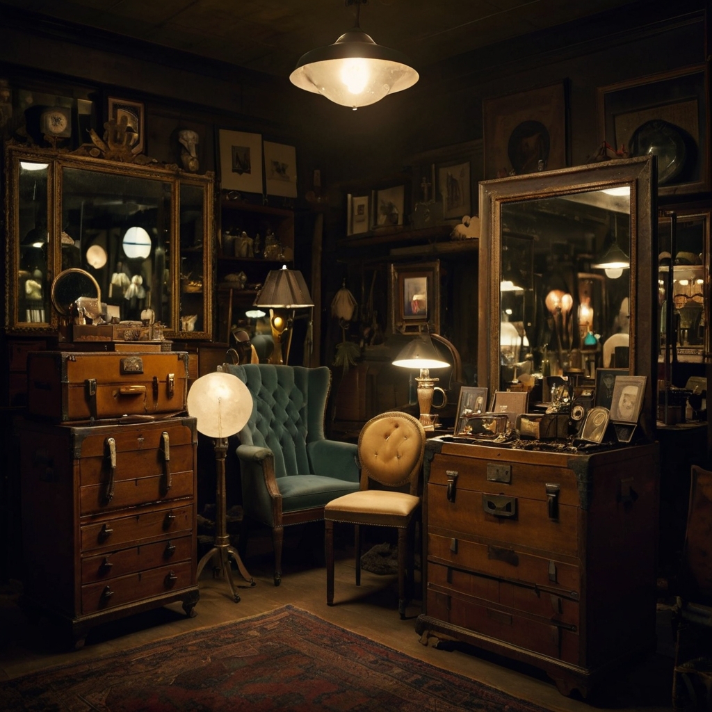 A dim antique shop with rare items highlighted by focused lighting. Each piece is illuminated, showcasing its uniqueness.