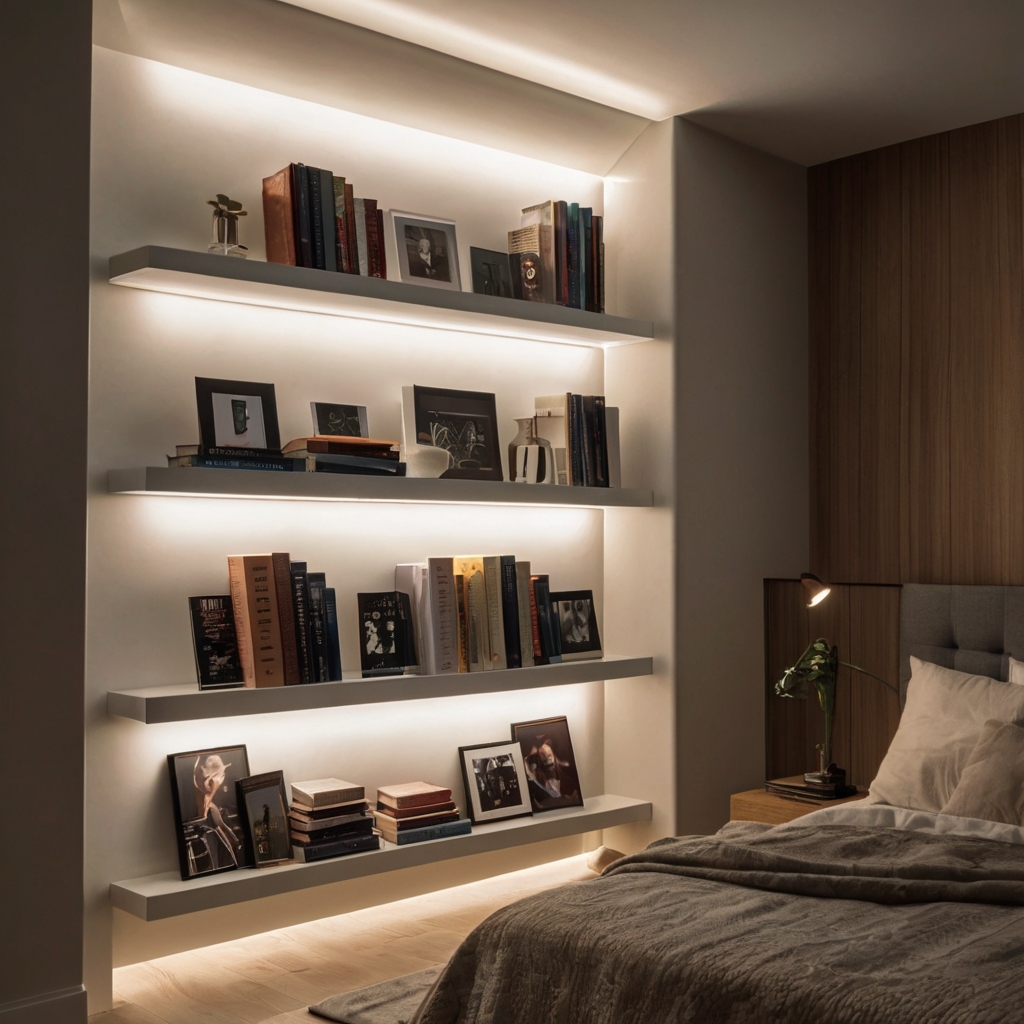 Books rest in a wall niche lit by hidden LEDs for a sleek look. A soft room glow keeps focus on the recessed feature.