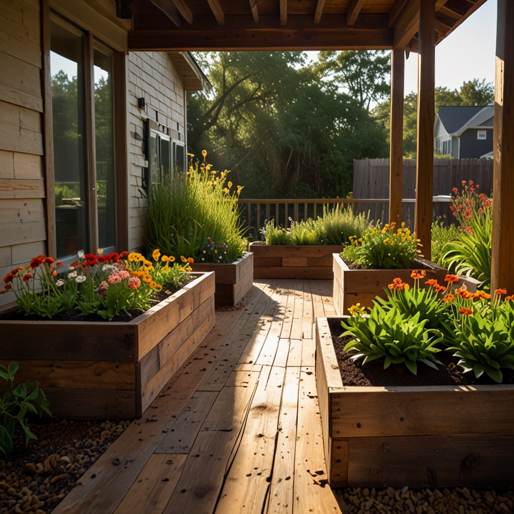 Long raised beds made of reclaimed wood glow in warm sun. Ground-level shot shows flower rows and natural grain details.