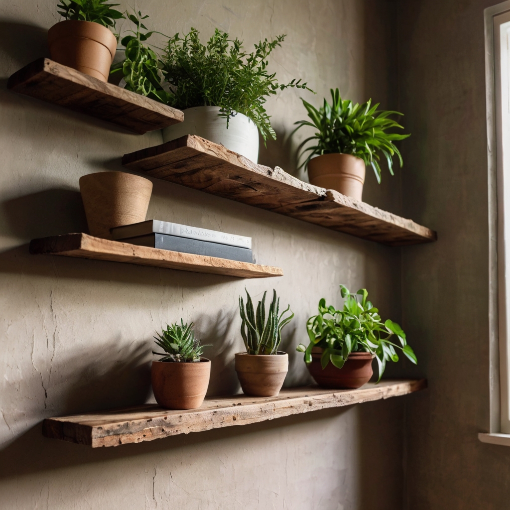 Wall-mounted reclaimed wood shelves styled with books, plants, and eco pieces. Daylight enhances the rustic charm of visible knots and imperfections.