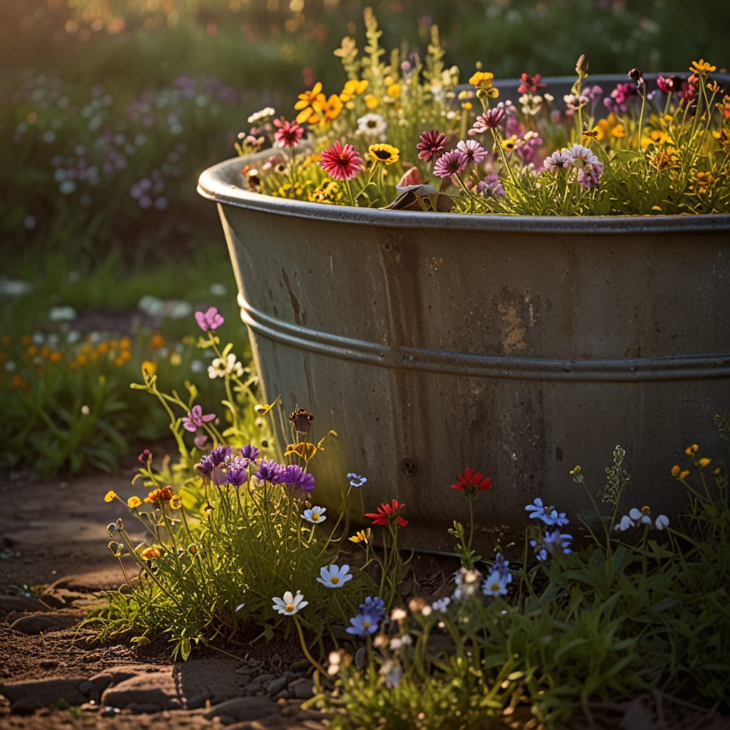 Vintage metal tubs brim with wildflowers beside a stone path. Tub-height angle shows oxidized metal and spilling florals in focus.