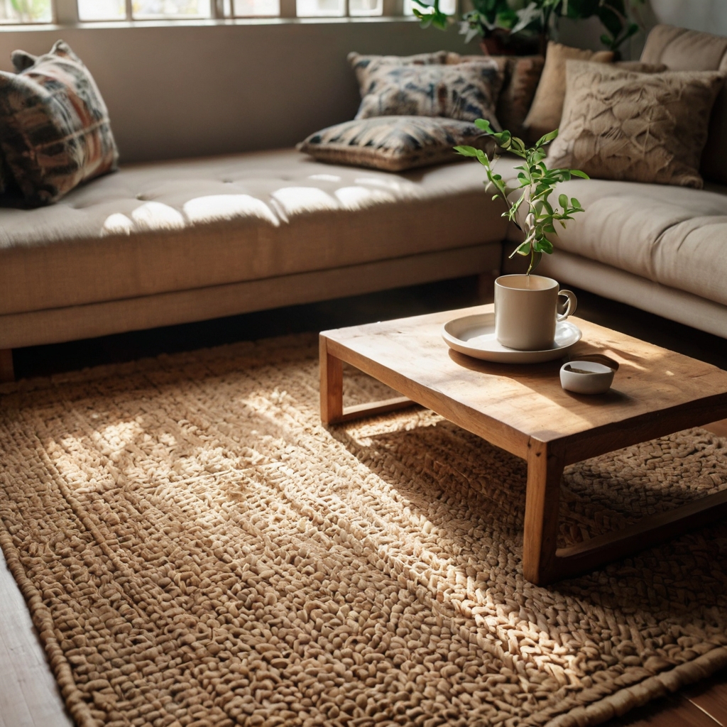Woven jute rugs replace heavy carpets for summer. Natural fibers add warmth and breezy texture.