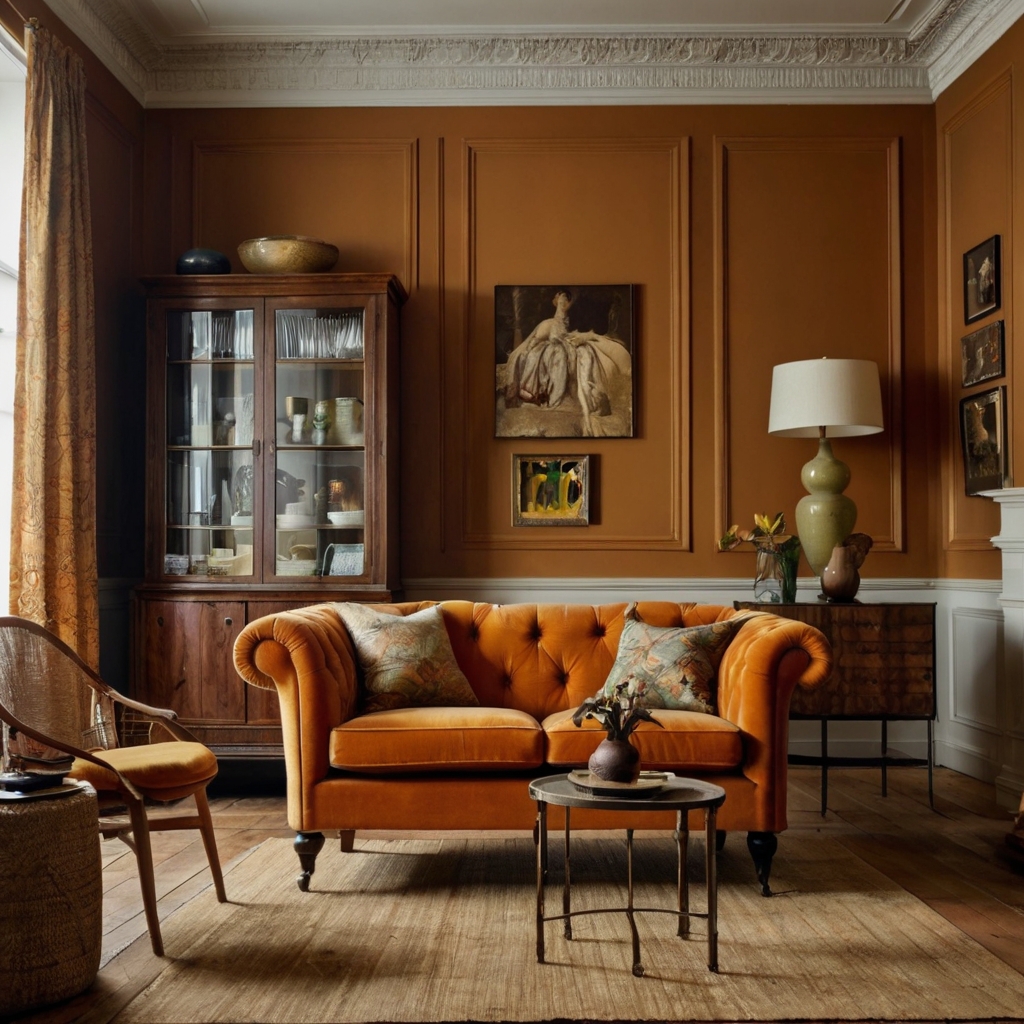 Vintage-style living room with a burnt orange couch and mustard accents. Soft natural light fades across velvet cushions and retro wood furniture.
