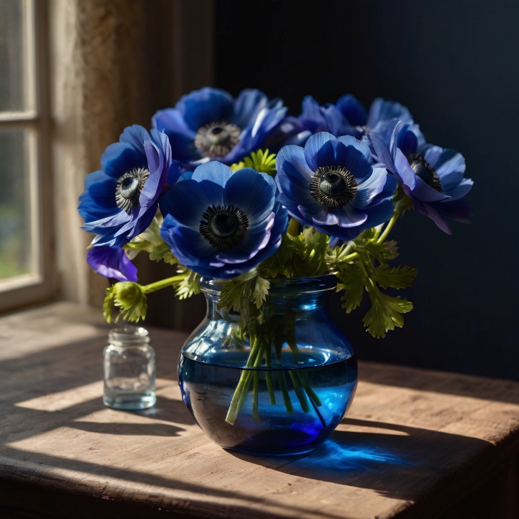 Close-up of moody blue anemones glowing under candlelight on an intimate table. Deep petals and soft shadows create a romantic, mysterious vibe.