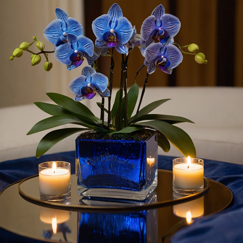 Royal blue orchids rest on mirrored trays where candlelight flickers gently, reflecting rich petals and ambient warmth. Each bloom stands symmetrical, elegant, and cinematic in detail.