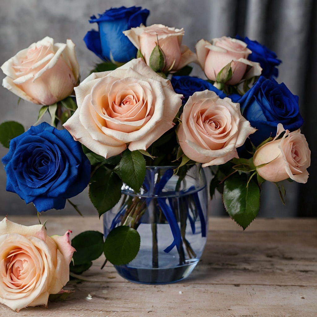 Royal blue and blush roses cluster tightly in a romantic mix, softly lit by candlelight’s golden hue. The velvety petals contrast in richness and softness, perfect for a bold table.
