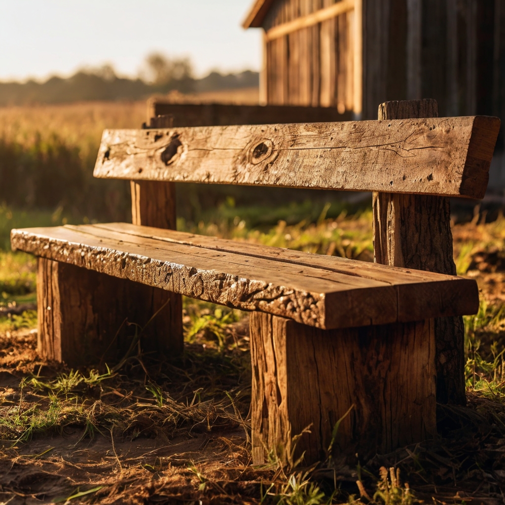 Thick raw wood rustic bench glowing under golden hour light in a dusty backyard. Natural imperfections and honey-toned textures bring earthy authenticity.